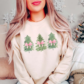 Watercolor Christmas Trees With Pink Bows Graphic Sweatshirt - Limeberry Designs