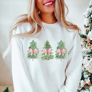 Watercolor Christmas Trees With Pink Bows Graphic Sweatshirt - Limeberry Designs