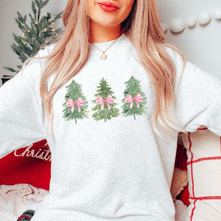 Watercolor Christmas Trees With Pink Bows Graphic Sweatshirt - Limeberry Designs