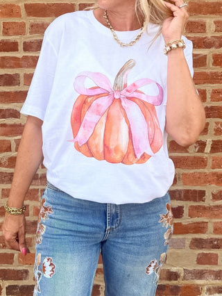 Watercolor Pumpkin Bow Bella Tee - Limeberry Designs