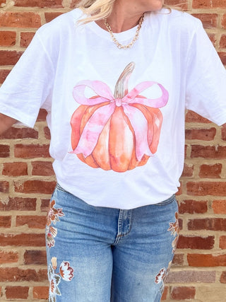 Watercolor Pumpkin Bow Bella Tee - Limeberry Designs