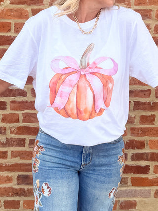 Watercolor Pumpkin Bow Bella Tee - Limeberry Designs