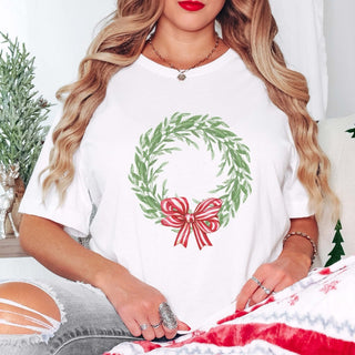 Wreath With Red Striped Bow Bella Graphic Tee - Limeberry Designs