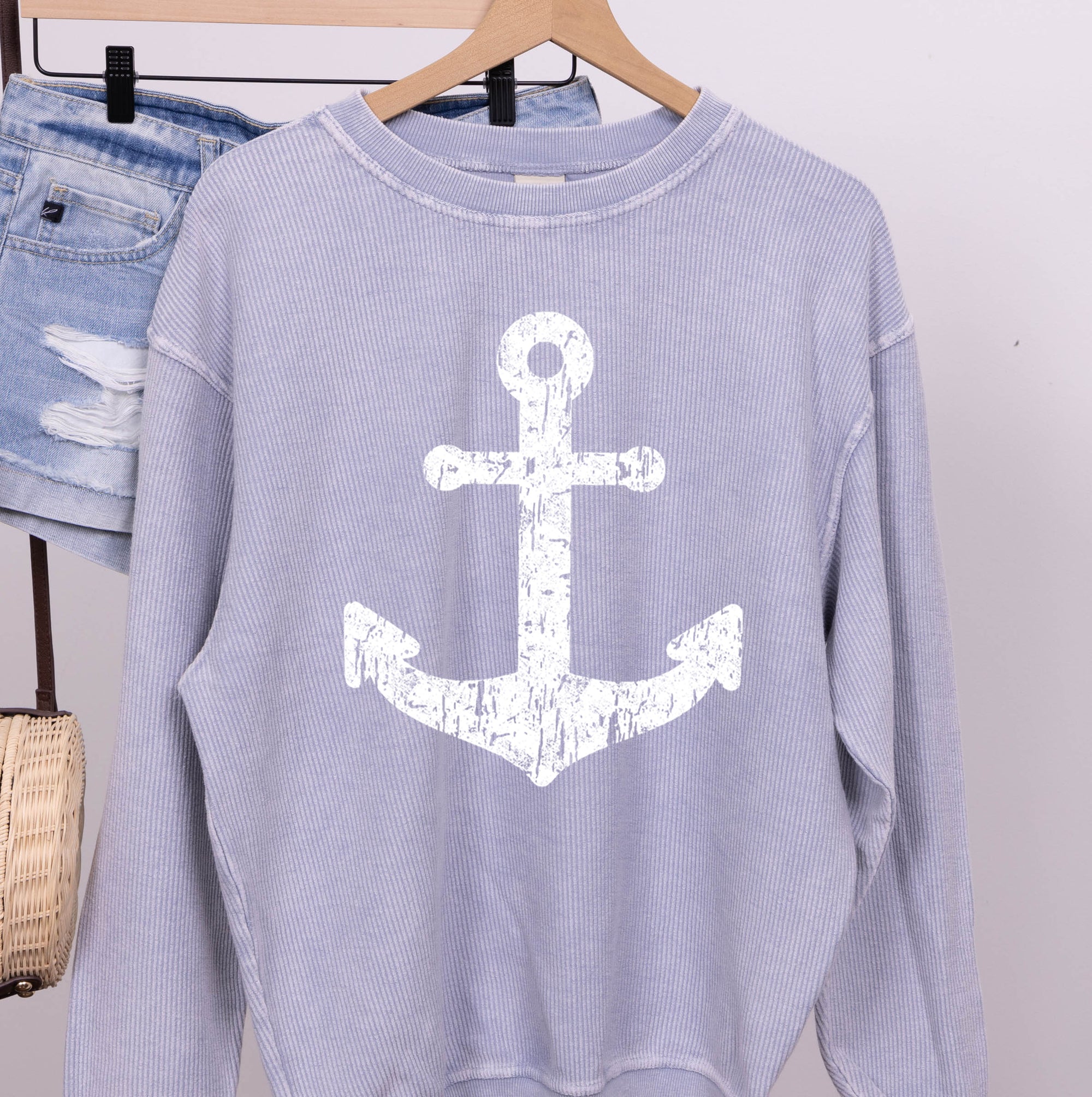 Distressed Anchor Corded Crew - Limeberry Designs
