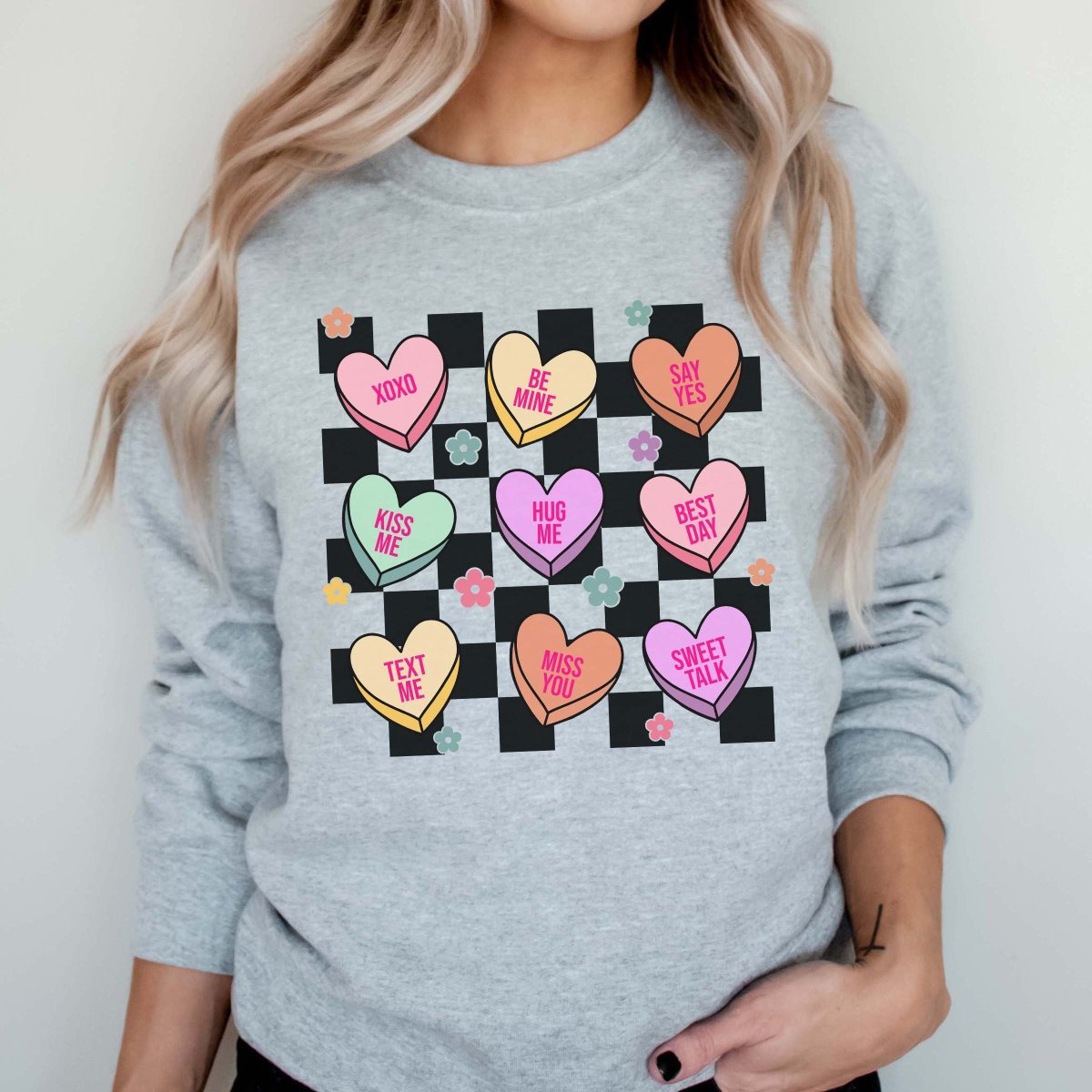 Candy Hearts Checkered Crew Wholesale Sweatshirt - Limeberry Designs