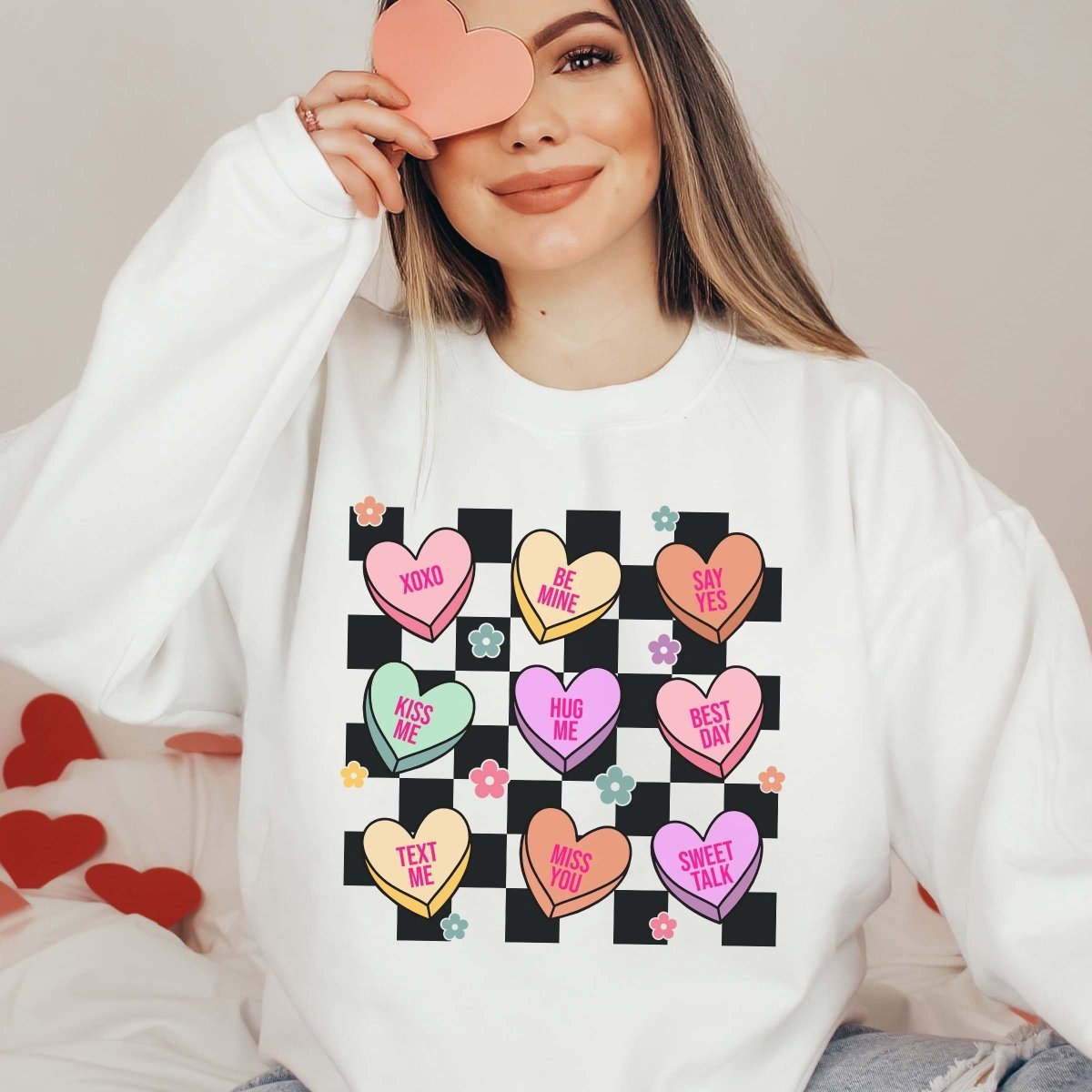Candy Hearts Checkered Crew Wholesale Sweatshirt - Limeberry Designs