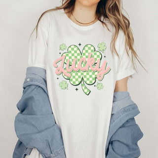 Checkered Clover Pink Lucky Wholesale Comfort Color Tee - Limeberry Designs