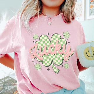 Checkered Clover Pink Lucky Wholesale Comfort Color Tee - Limeberry Designs