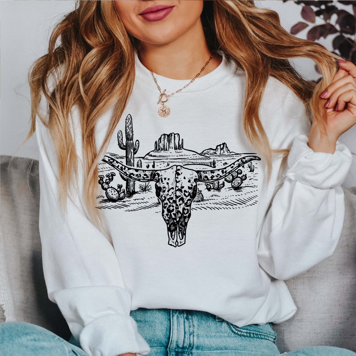 Cow Skull Leopard Wholesale Crew Sweatshirt - Limeberry Designs