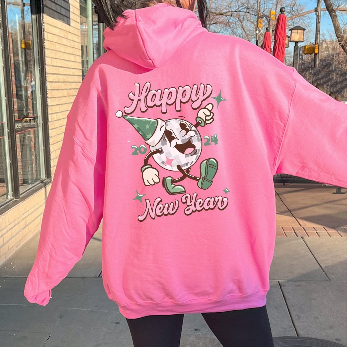 Disco Ball Character New Year Back Of Hoodie - Limeberry Designs