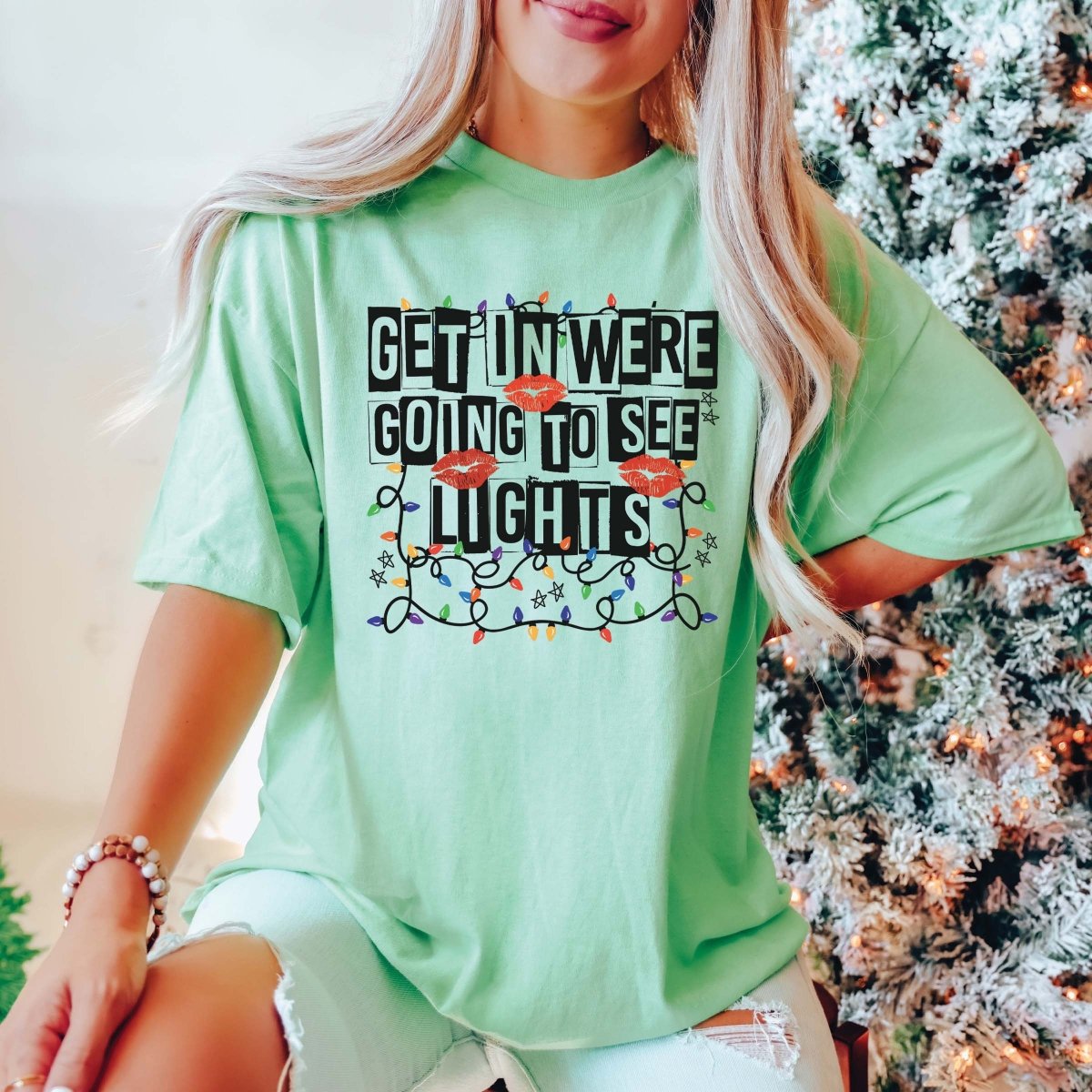 Get in Losers we&#39;re Going to See Lights Christmas Bella Graphic Wholesale Tee - Limeberry Designs