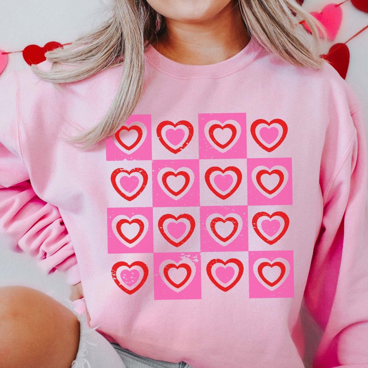 Hearts With Checkerboard Crew Sweatshirt - Limeberry Designs
