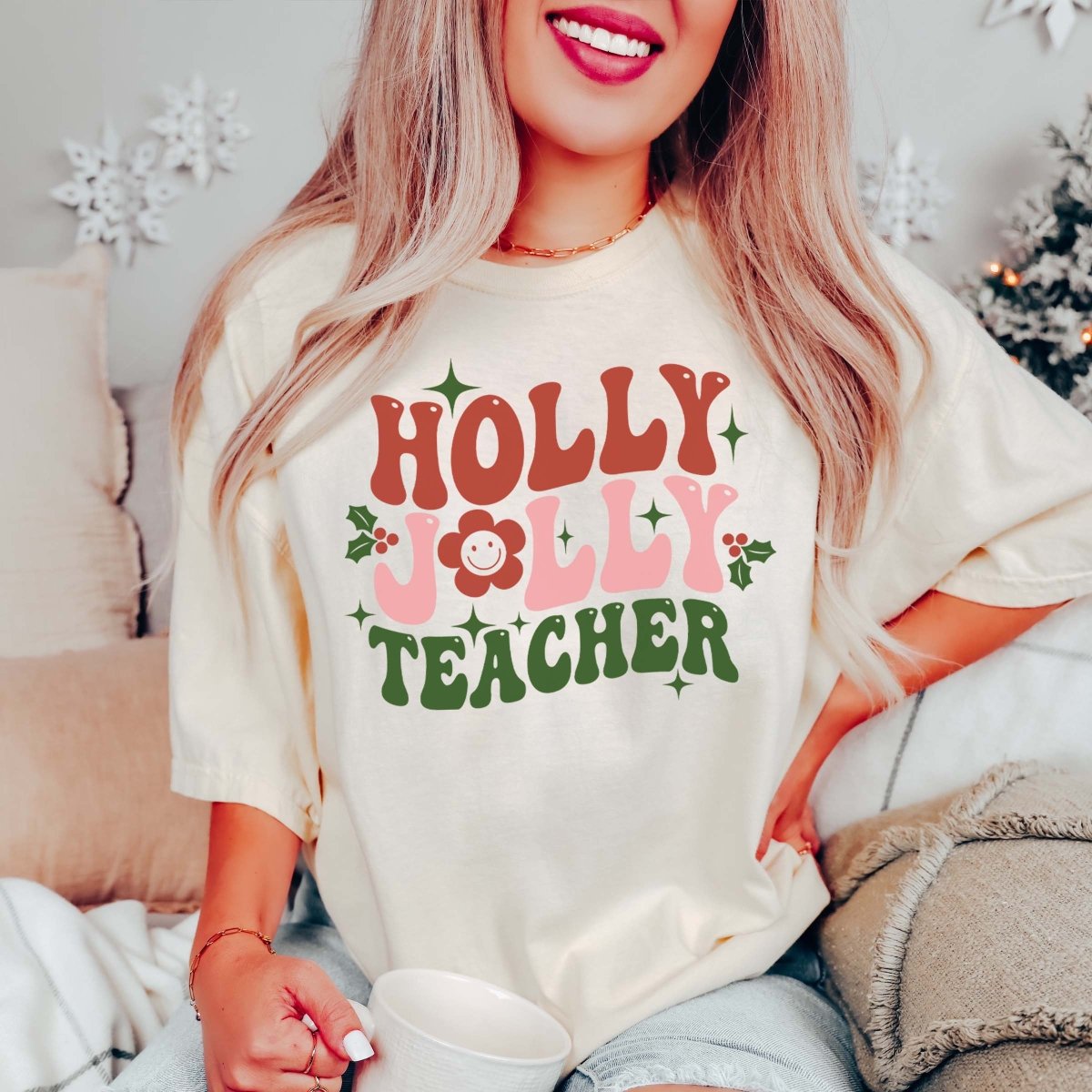 Holly Jolly teacher Cheer Comfort Colors Tee - Limeberry Designs