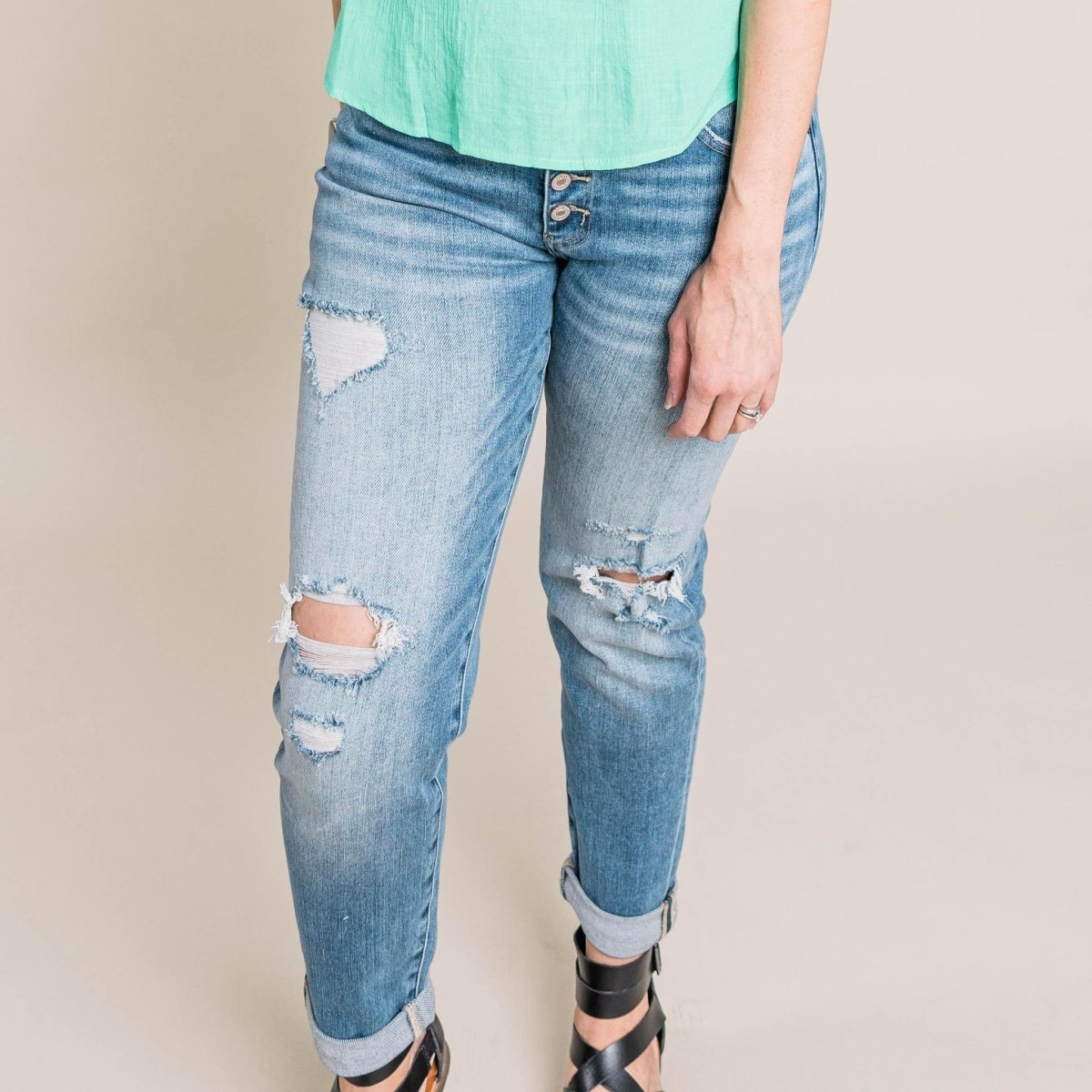 KanCan - Harlowe Mid Rise Distressed Flare Jeans - Limeberry
