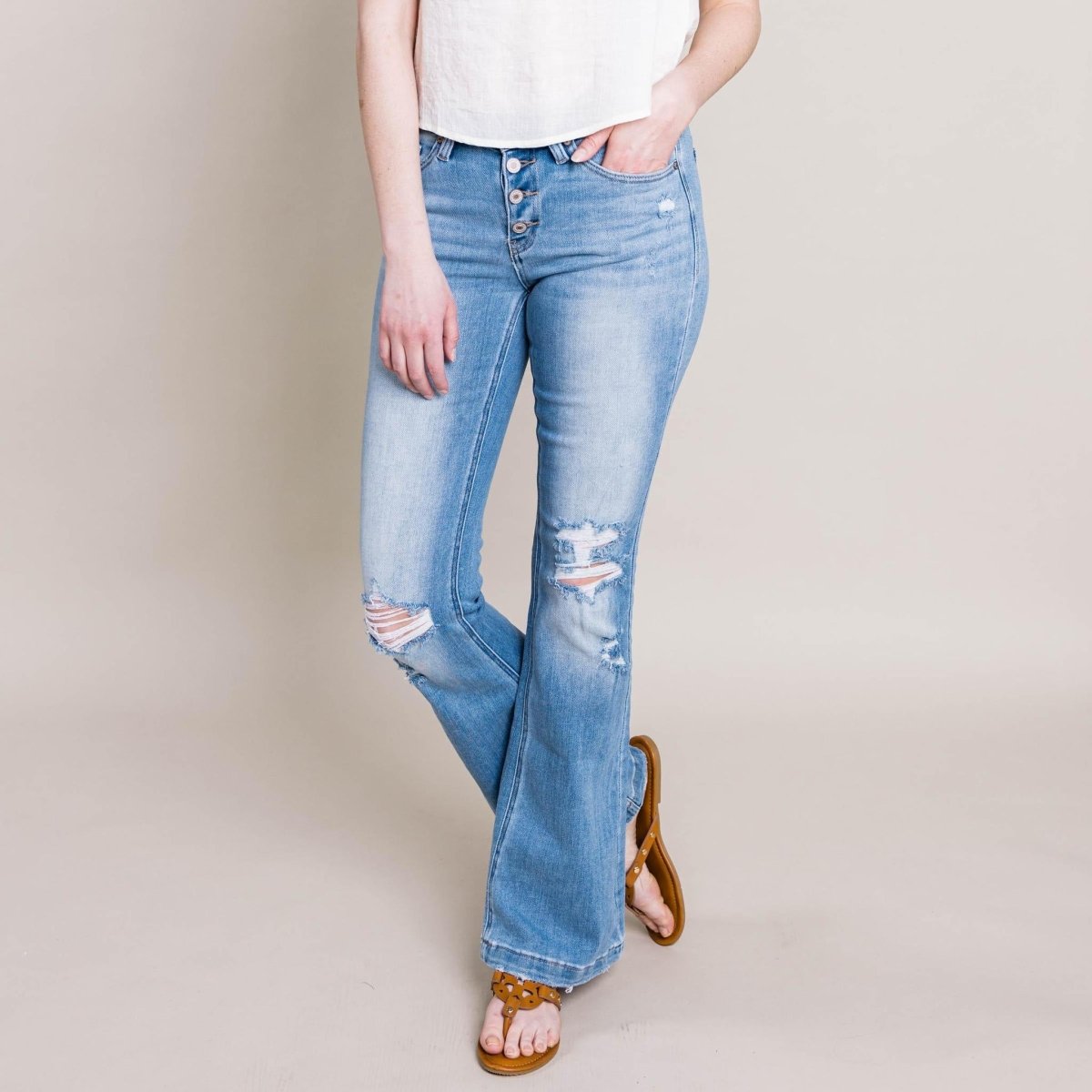 KanCan - Harlowe Mid Rise Distressed Flare Jeans - Limeberry