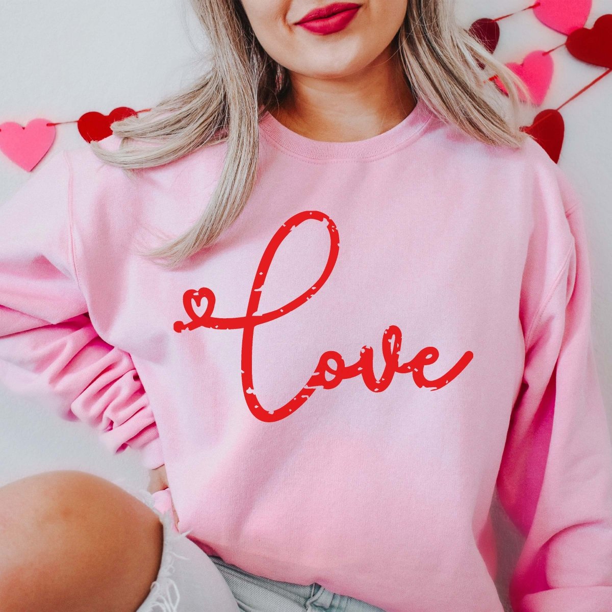 Love Distressed Script Red Wholesale Crew Sweatshirt - Limeberry Designs