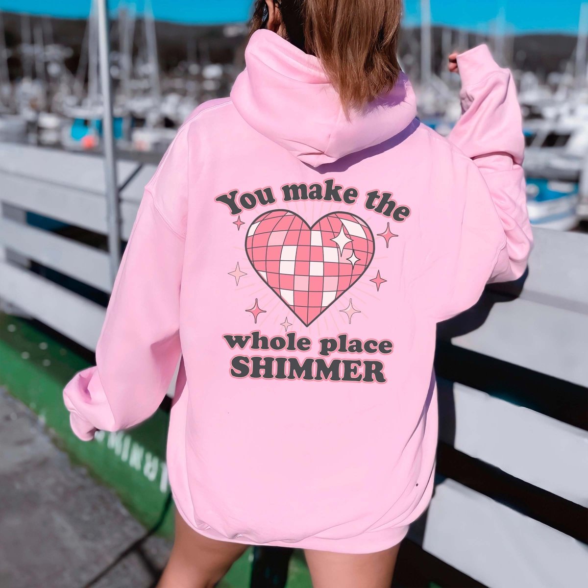Make The Whole Place Shimmer Heart Back of Hoodie - Limeberry Designs