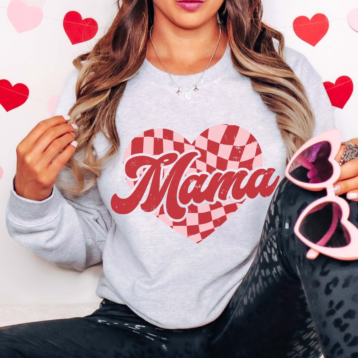 Mama Checkerboard Heart Wholesale Crew Sweatshirt - Limeberry Designs