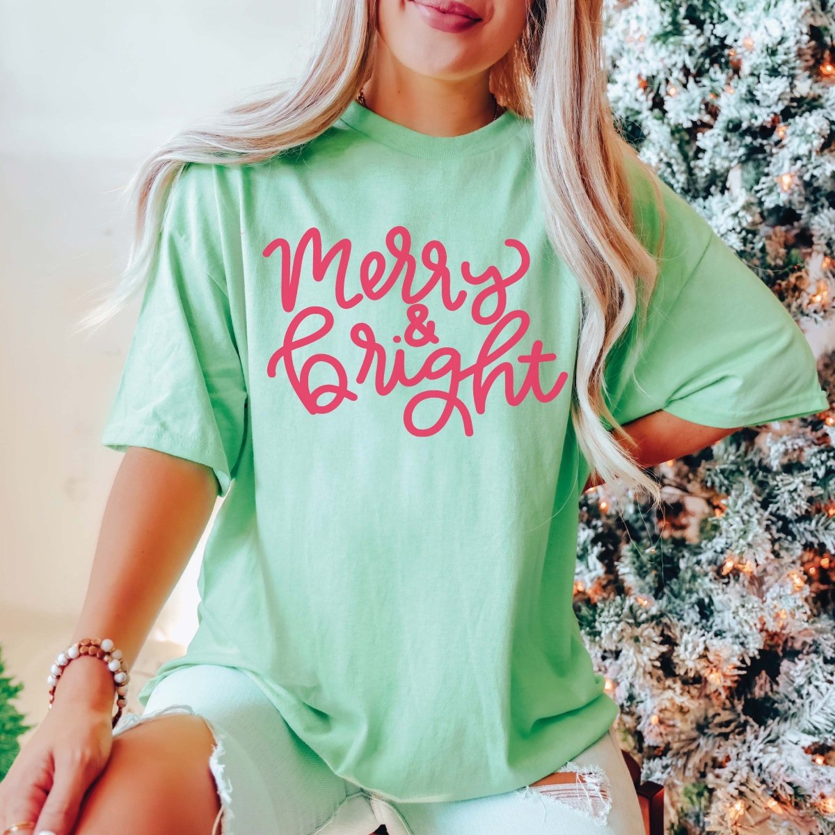 Merry & Bright Pink Script Bella Graphic Wholesale Tee - Limeberry Designs