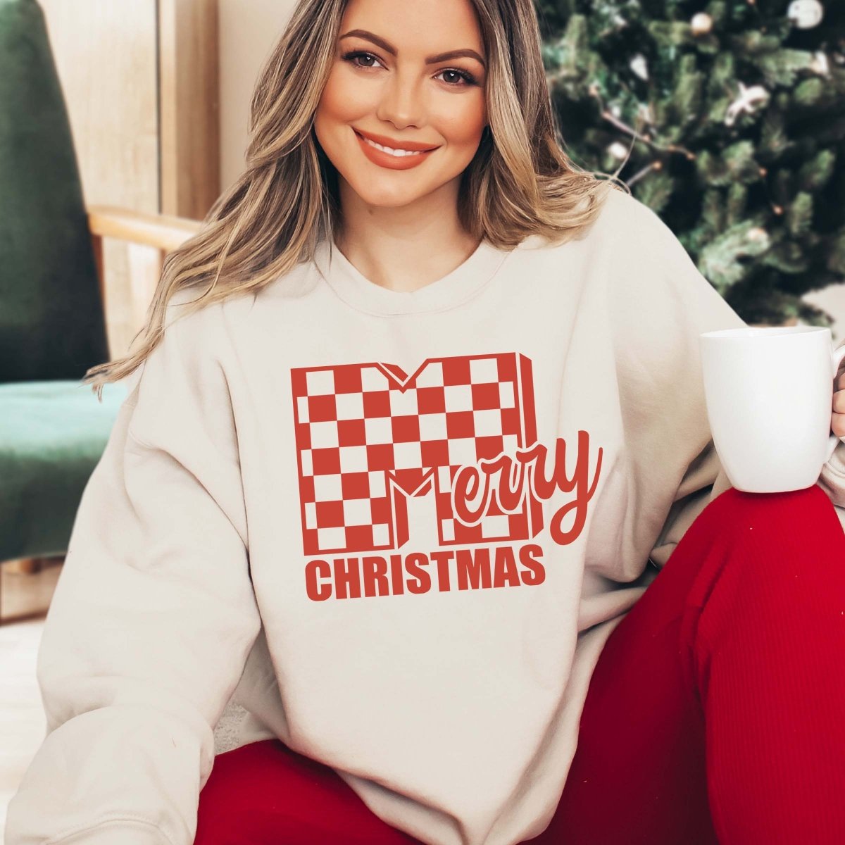 Merry Christmas Checkered big M Sweatshirt - Limeberry Designs