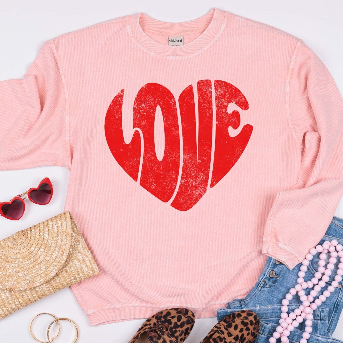 Red LOVE Distressed Heart Corded Crew Sweatshirt - Limeberry Designs
