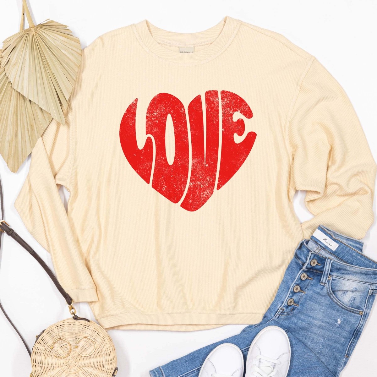 Red LOVE Distressed Heart Corded Crew Sweatshirt - Limeberry Designs