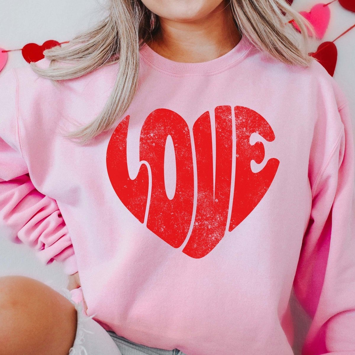 Red LOVE Distressed Heart Crew Wholesale Sweatshirt - Limeberry Designs