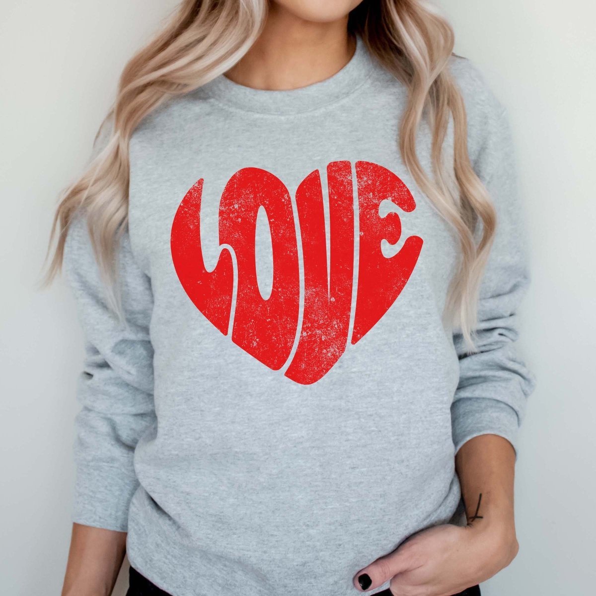 Red LOVE Distressed Heart Crew Wholesale Sweatshirt - Limeberry Designs
