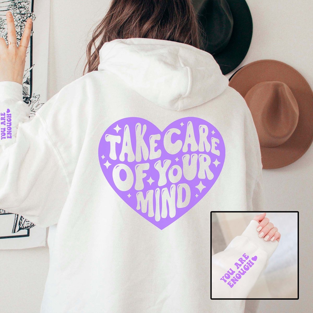 Take Care You Are Enough Hoodie With Sleeve Design - Limeberry Designs