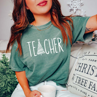 Teacher Christmas Tree White Comfort Colors Tee- FINAL SALE - Limeberry Designs