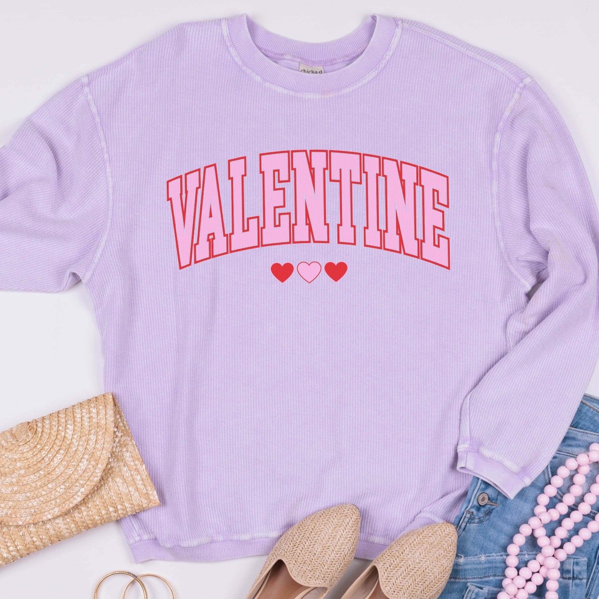 Valentine Collegiate Hearts Corded Crew Sweatshirt - Limeberry Designs