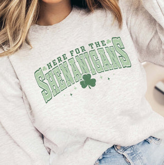 Varsity Letter Here For The Shenanigans Crew Sweatshirt - Limeberry Designs