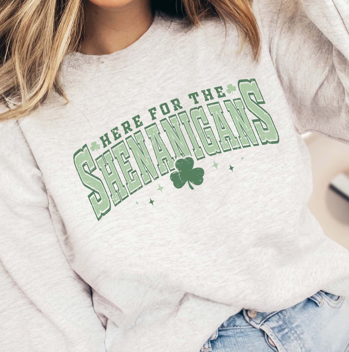 Varsity Letter Here For The Shenanigans Wholesale Crew Sweatshirt - Limeberry Designs