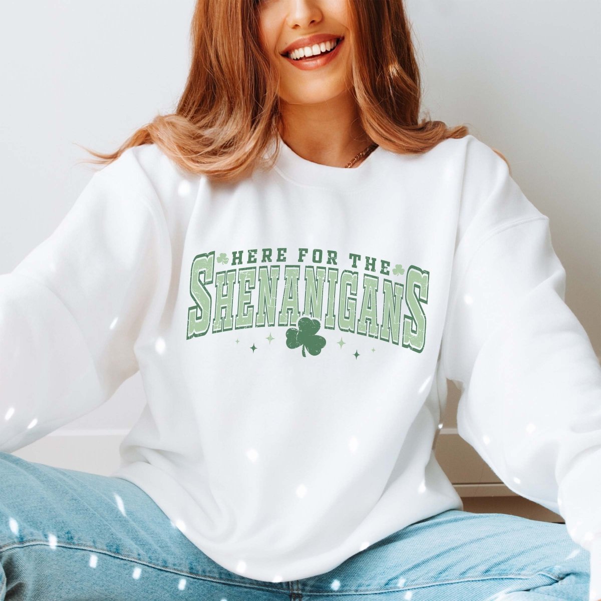 Varsity Letter Here For The Shenanigans Wholesale Crew Sweatshirt - Limeberry Designs